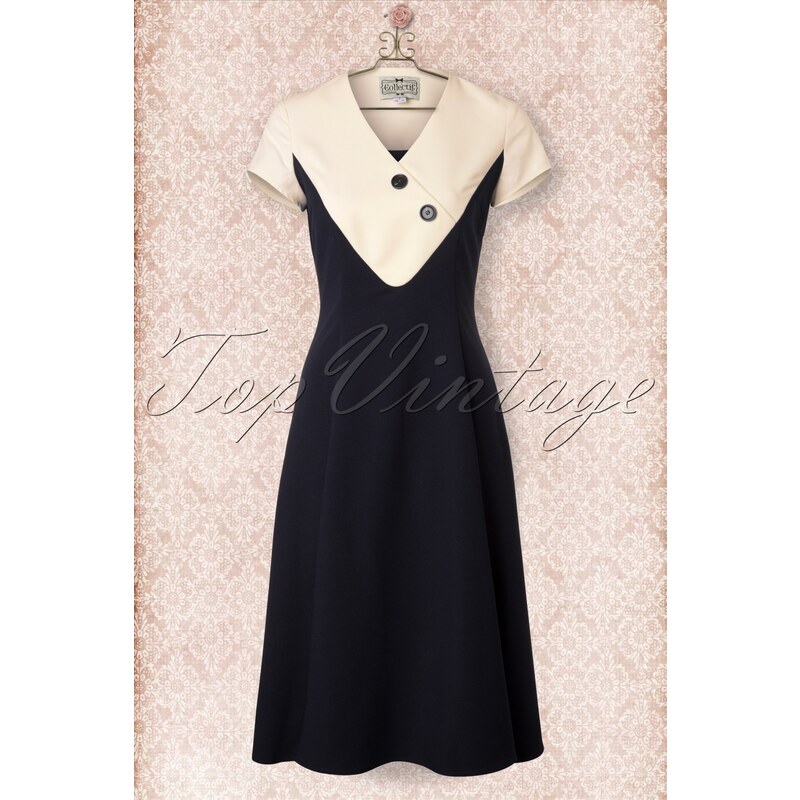 Collectif Clothing 40s Jenna Flared Dress in Navy and Cream