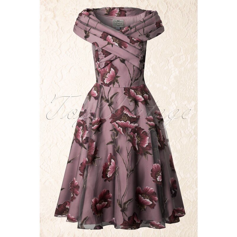 Collectif Clothing 50s Dorothy Tulle Winter Floral Swing Dress Mauve