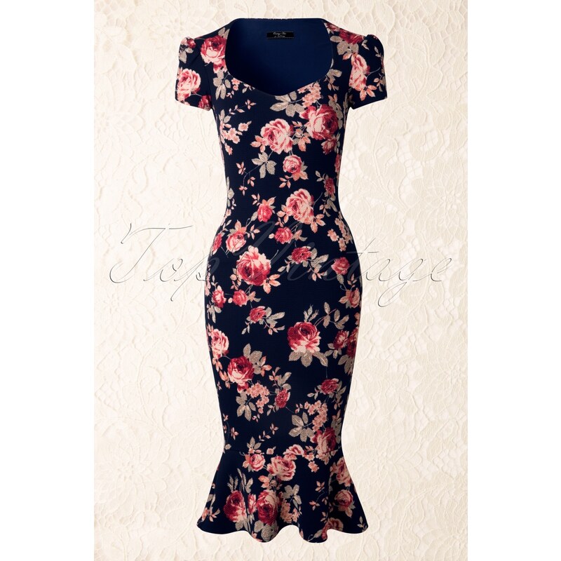 Vintage Chic 50s Demure Pencil Dress in Floral Navy