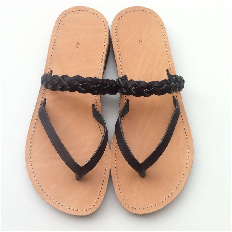 Grecian Sandals Black Braided Leather Sandals