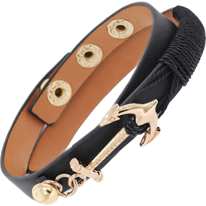 trendor Leder-Armband Schwarz mit goldfarbenem Anker 75803