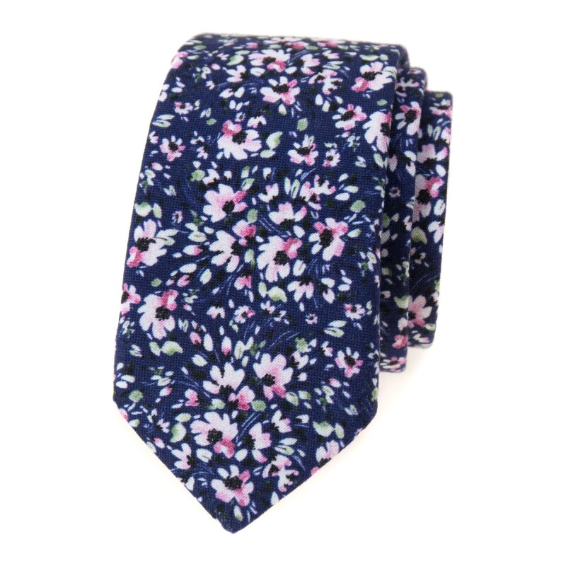 Avantgard Dunkelblaue schmale Krawatte mit rosa Blumen