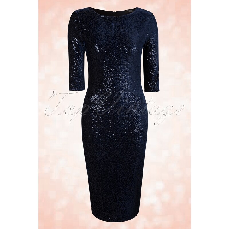 Vintage Chic 50s Twinkle Sequin Pencil Dress in Navy