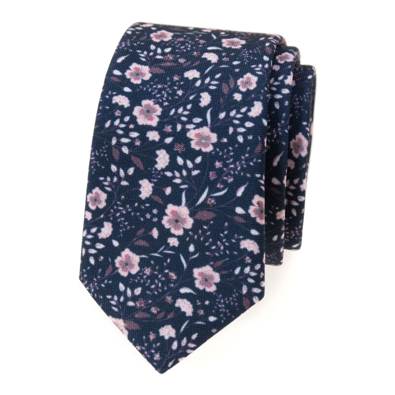 Avantgard Blaue, schmale Krawatte mit rosa Blüten