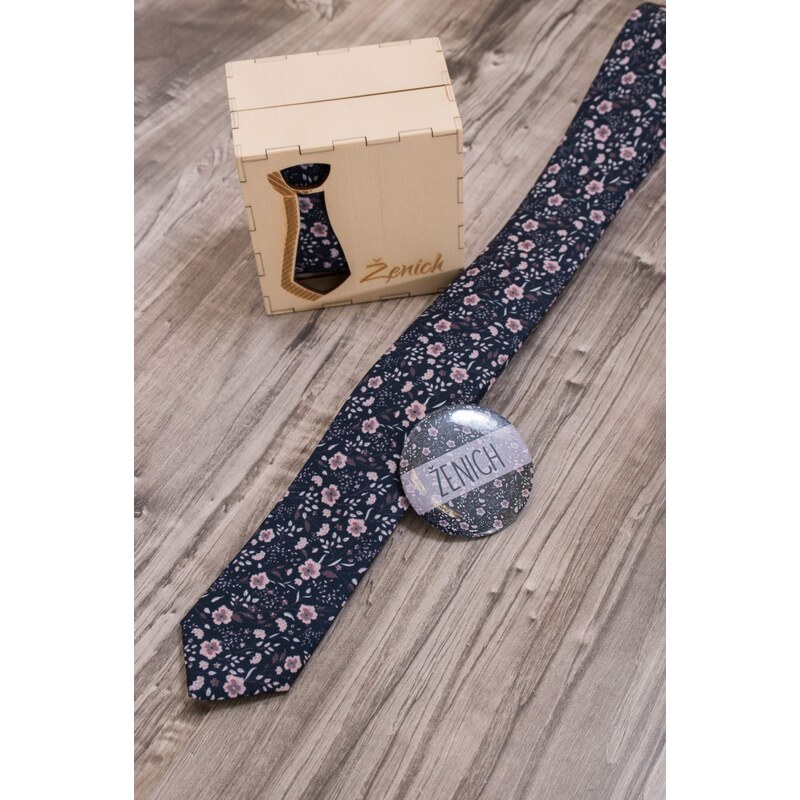 Avantgard Blaue, schmale Krawatte mit rosa Blüten