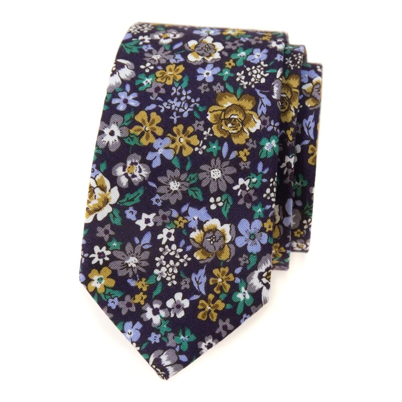 Avantgard Dunkelviolette schmale Krawatte mit bunten Blumen