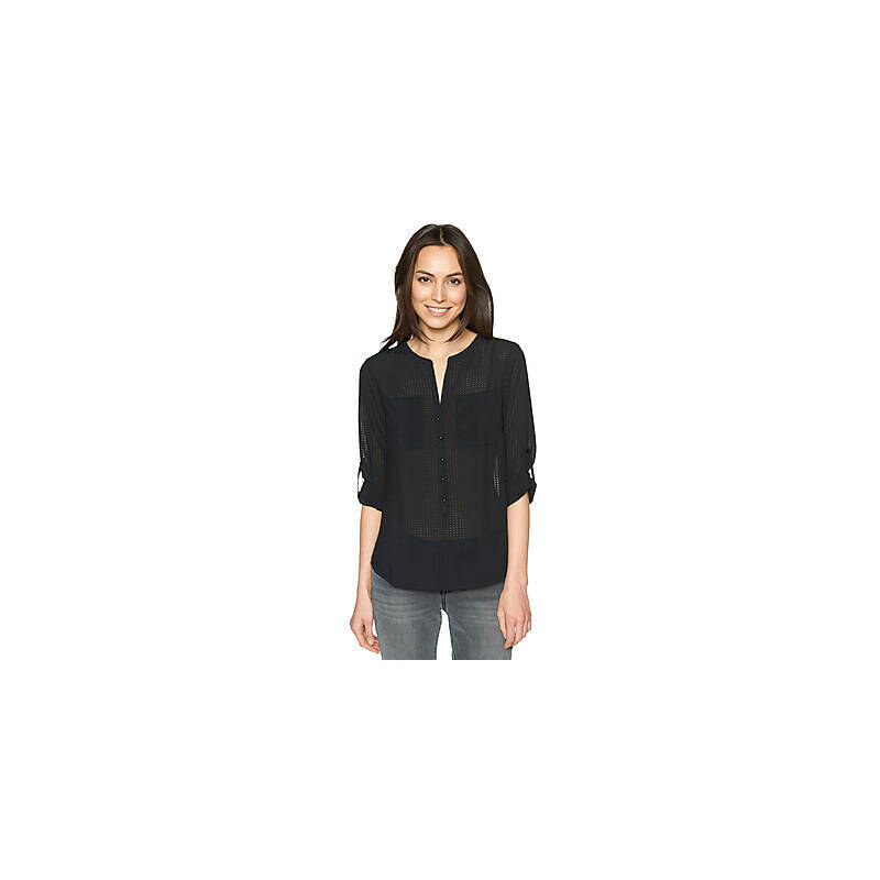 TOM TAILOR trendy check blouse Bluse mit feinem Karo-Muster für Frauen (kariert, langärmlig mit V-Öffnung und Knopfleiste) aus leichtem Polyester, mit silberfarb