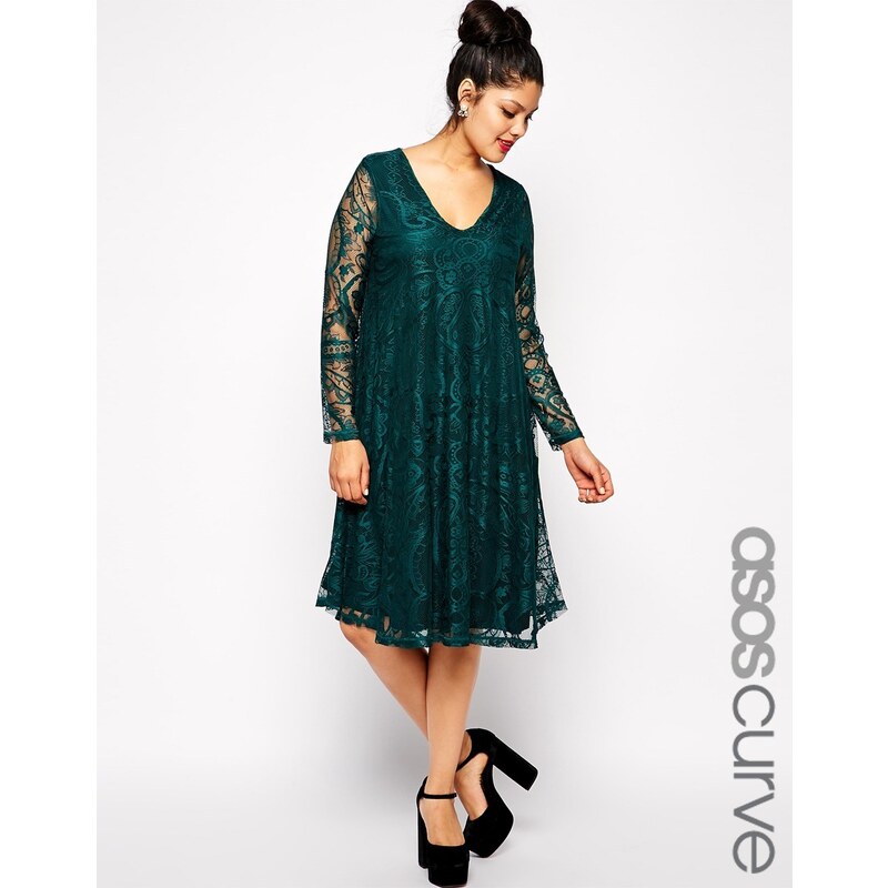 ASOS CURVE - Exklusives Kleid mit Spitze, tiefem V-Ausschnitt und längeren Ärmeln - Dunkelgrün