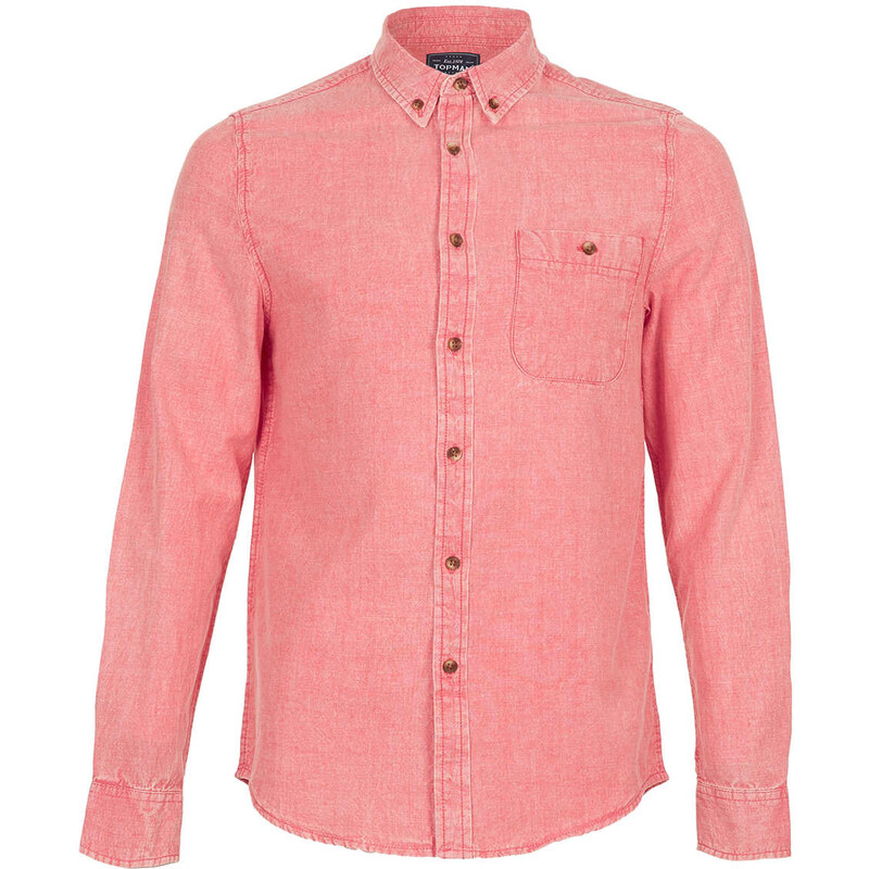 Topman Mens Bright Red Acid Wash Oxford Long Sleeve Shirt