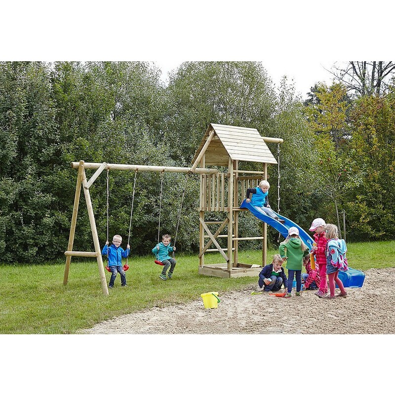 Dein Spielplatz Spielturm mit Holzdach und Wellenrusche, blau »Obelix XL mit Holzdach«.