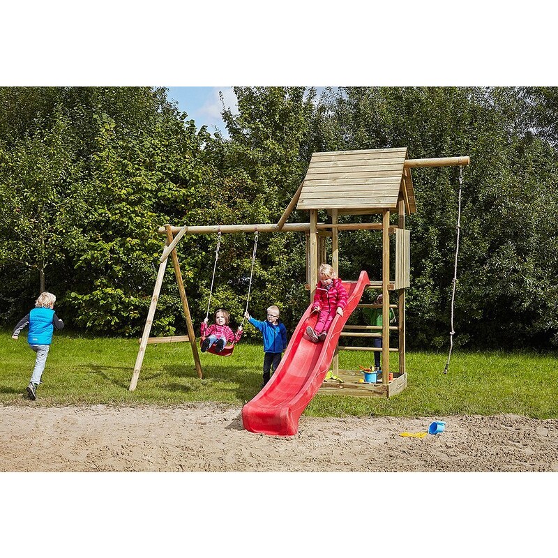 Dein Spielplatz Spielturm mit Schaukel, Kotenseil und Rutsche, rot »Obelix mit Holzdach«