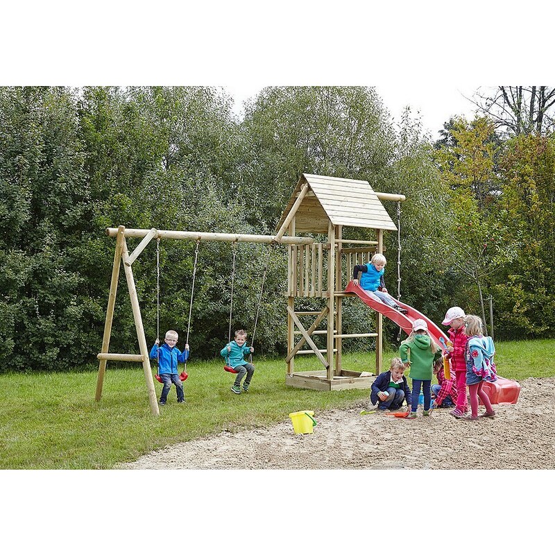 Dein Spielplatz Spielturm mit Sandkasten und Wellenrutsche, rot »Obelix XL mit Holzdach«