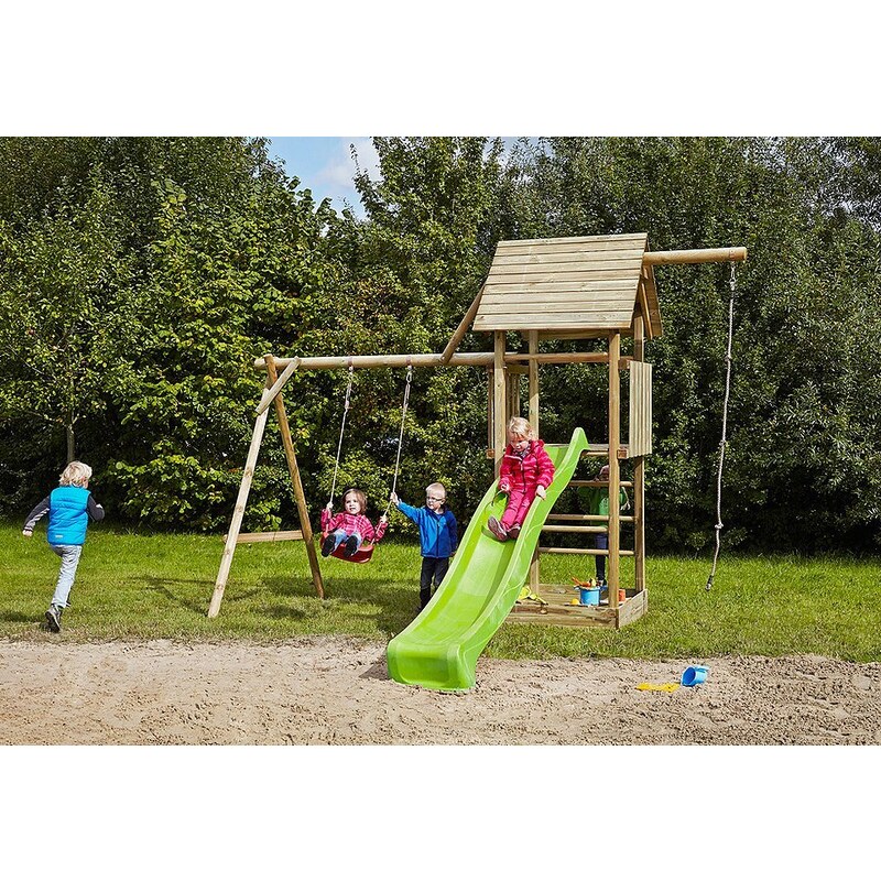 Dein Spielplatz Spielturm mit Schaukel, Kotenseil und Rutsche, hellgrün »Obelix mit Holzdach«