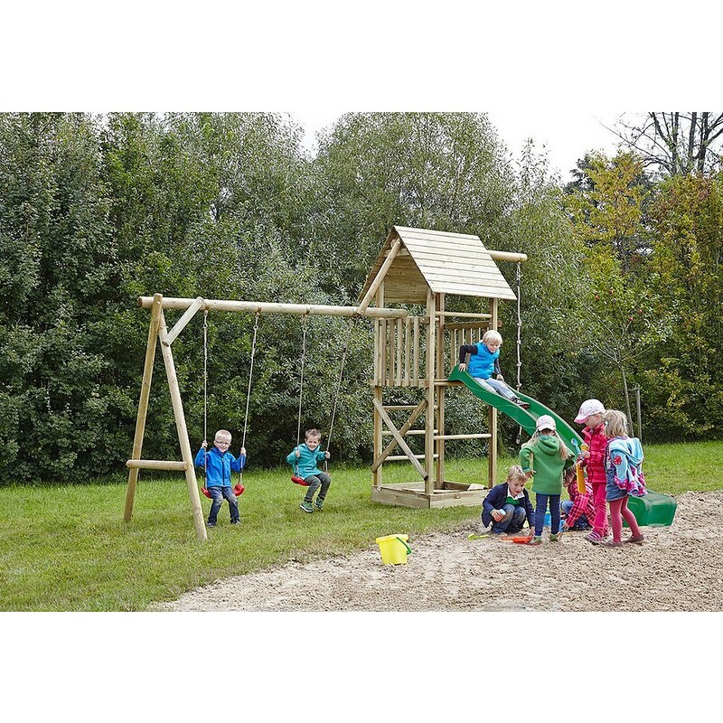Dein Spielplatz Spielturm mit Doppelschaukel und Wellenrutsche, grün »Obelix XL mit Holzdach«