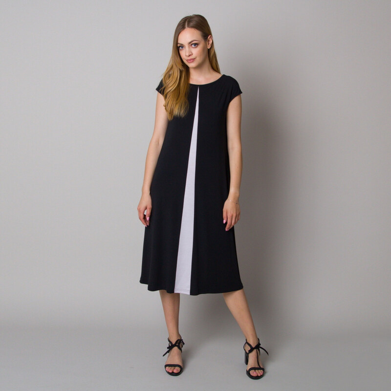 Willsoor Langes schwarzes Kleid mit weißen Kontrastelementen 12981