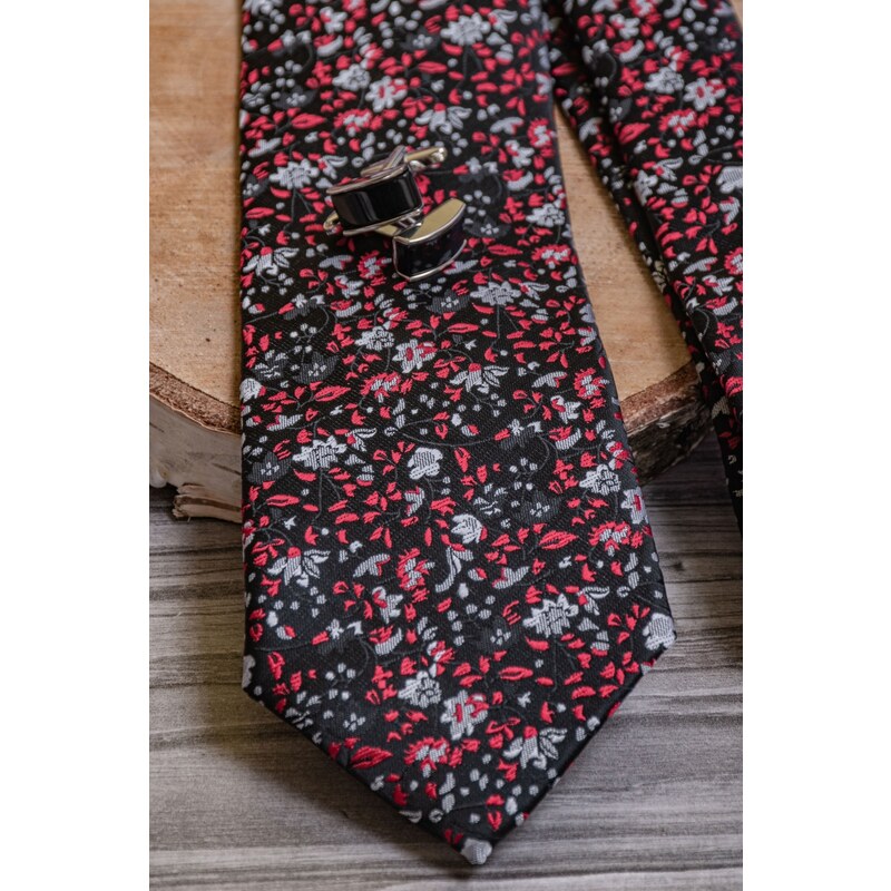 Avantgard Schwarze Krawatte mit rot-grauem Muster