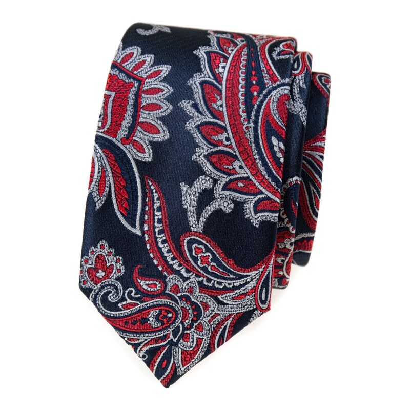 Avantgard Blaue slim Krawatte mit rotem Paisley-Muster