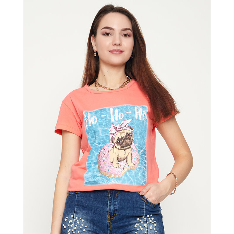 NAMSO Korallenrotes Damen-T-Shirt mit pink Hundeaufdruck Koralle Kleidung - - 