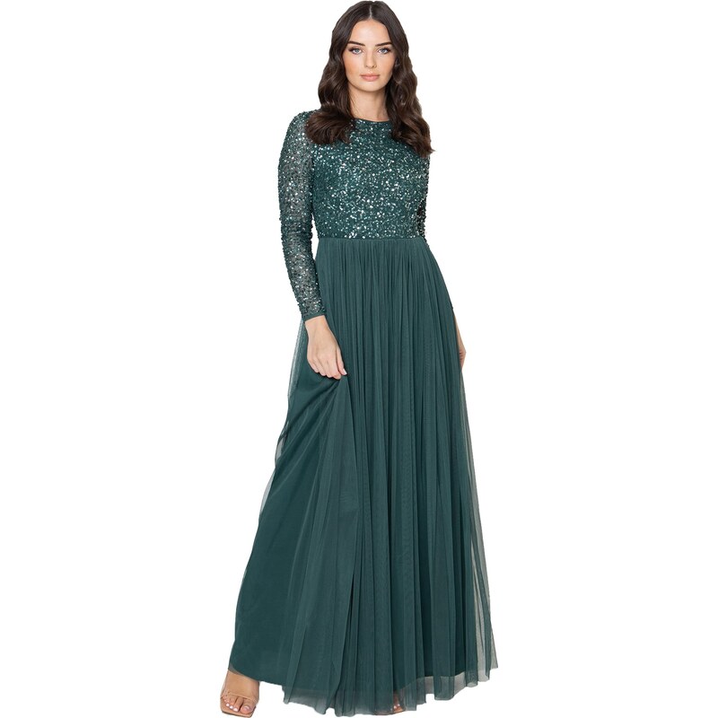 Maya Deluxe Damen Women's for Wedding Guest Plus Size Large Rich High Waist Sequins Long Sleeve Prom Evening Bridesmaid Dress, Emerald, 44 EU