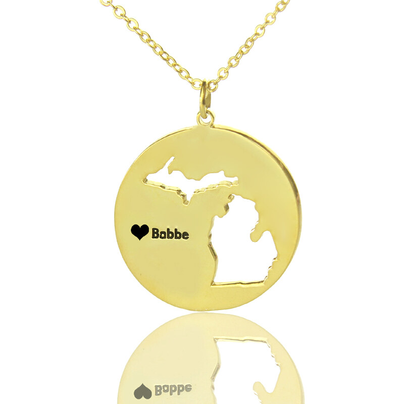 Personalisiertekette.De Benutzerdefinierte Michigan Disc Staat Halskette mit Herz Namen Gold überzogen