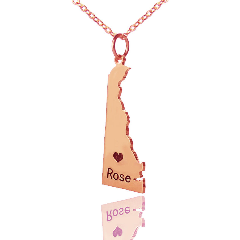 Personalisiertekette.De Benutzerdefinierte Delaware State geformte Halskette mit Herz Namen Rose Gold