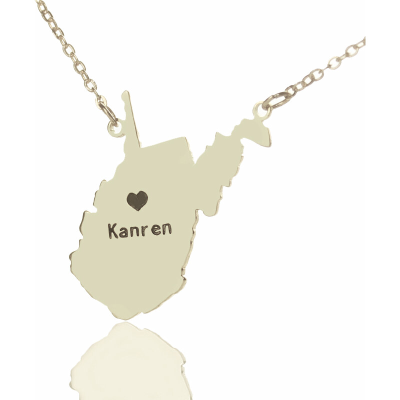 Personalisiertekette.De Individueller Staat West Virginia Shaped Halskette mit Herz Namen Silber