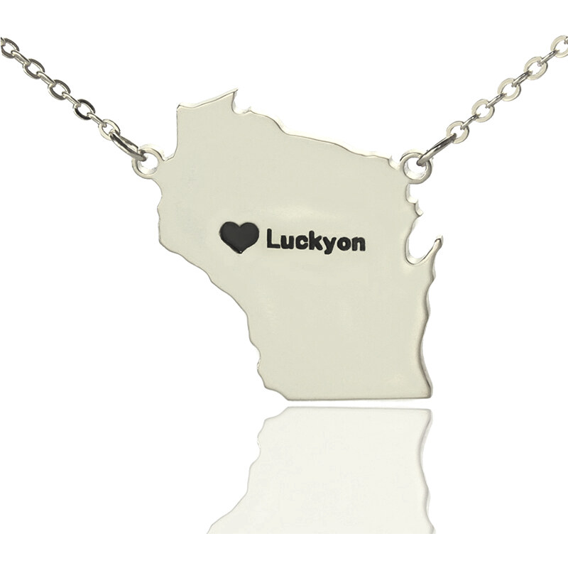 Personalisiertekette.De Individuelle Wisconsin State geformte Halskette mit Herz Namen Silber