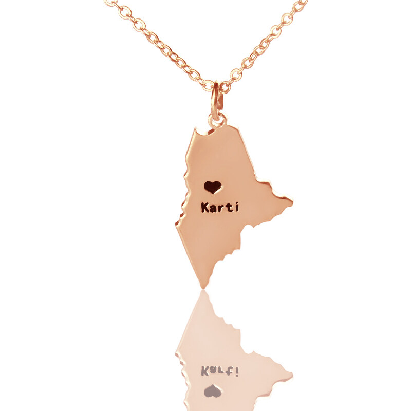 Personalisiertekette.De Benutzerdefinierte Maine State geformte Halsketten mit Herz Namen Rose Gold