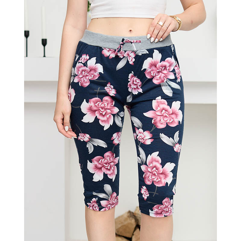 LINTEBOB Marineblaue 3/4-Shorts für Damen mit rosa Blumen GROSSE GRÖSSE - Kleidung - blau || pink
