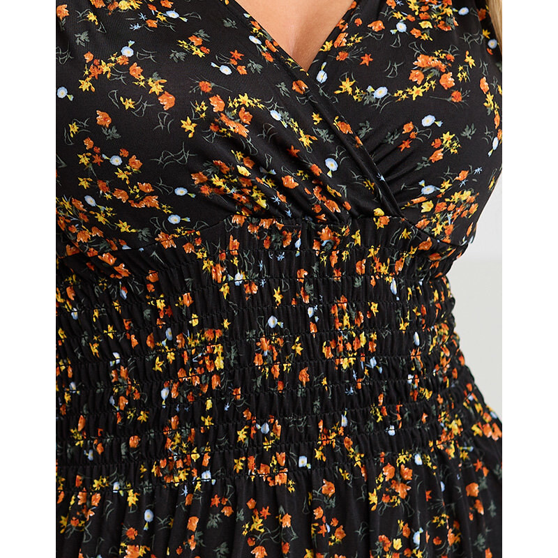 DEFOX Schwarzes Maxikleid für Damen mit orangefarbenen Blumen - Kleidung - orange || schwarz
