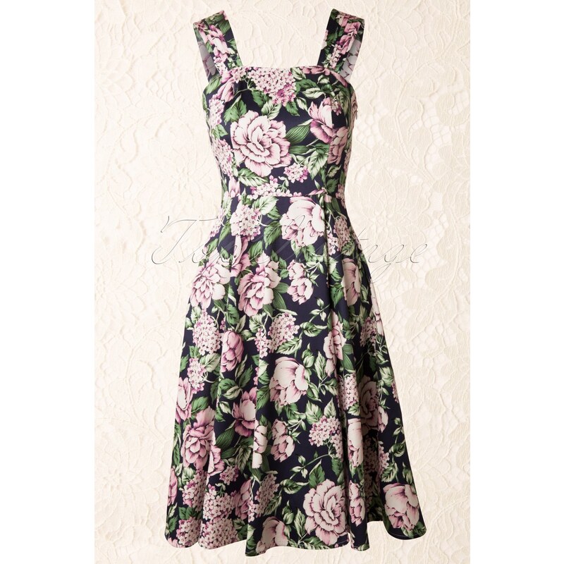 Hearts & Roses 50s Floral Swing Dress in Navy and Pink