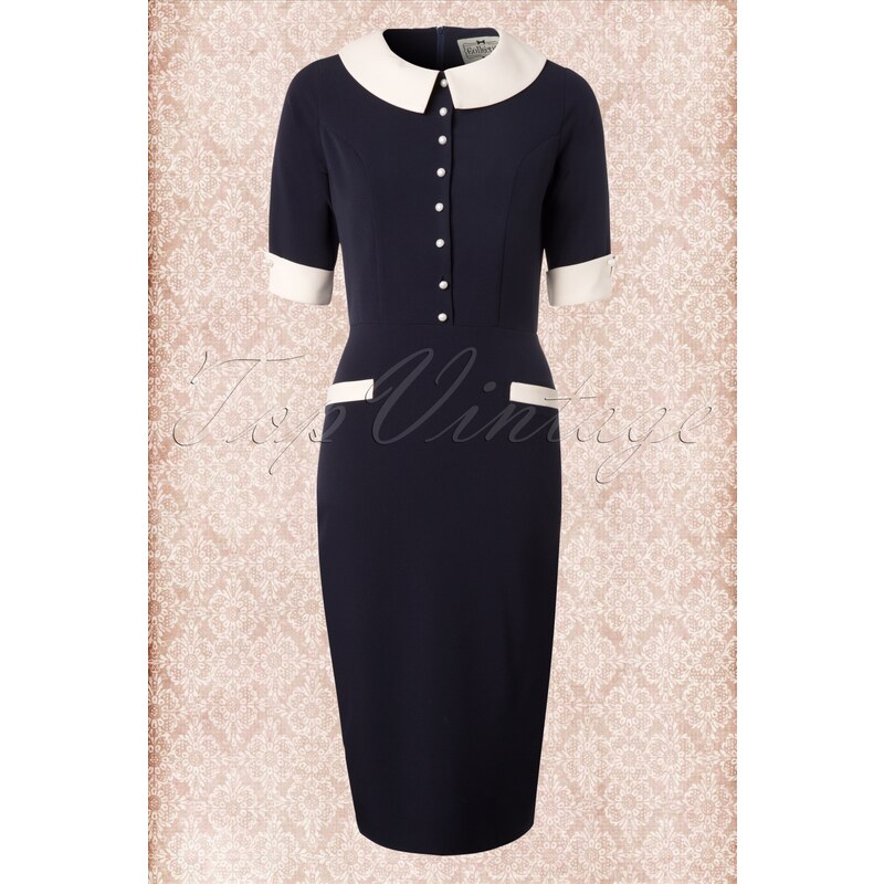 Collectif Clothing 50s Cecilia Classy Pencil dress in Navy