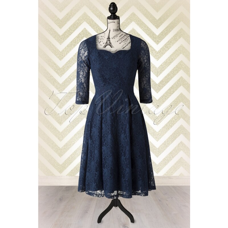 Lindy Bop 50s Lisette Elegant Lace Dress in Deep Blue