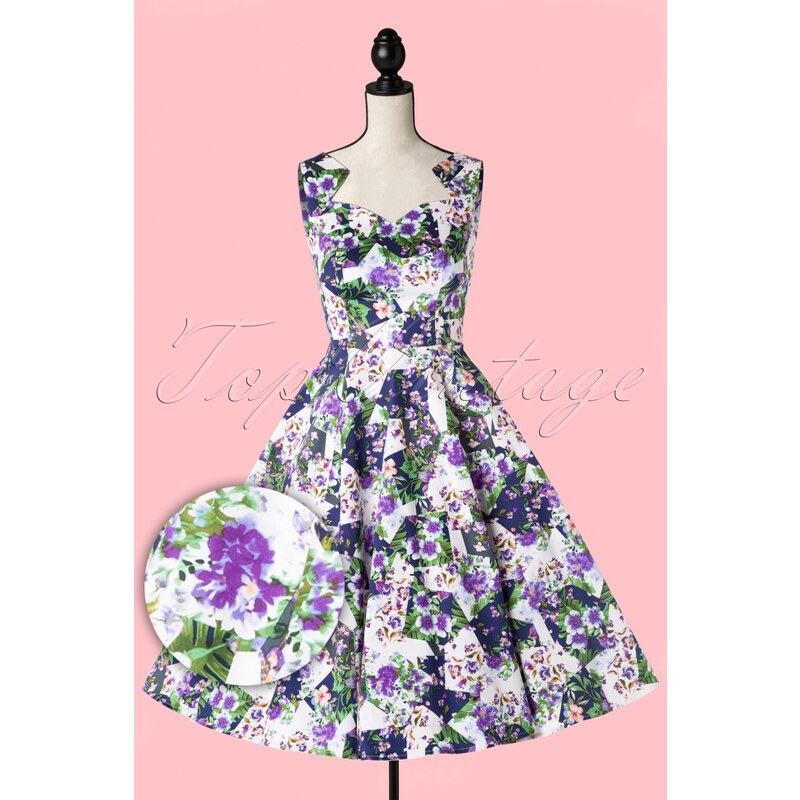 Hearts & Roses 50s Ella Floral Swing Dress in White and Purple