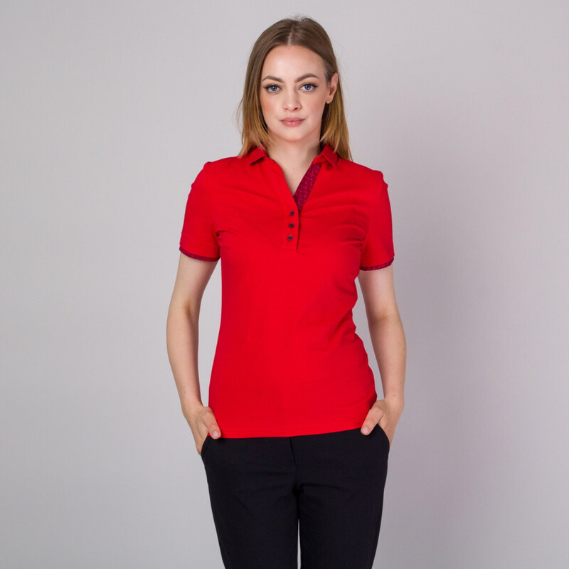 Willsoor Poloshirt für Damen in rot mit blauen geometrischen Elementen 14160