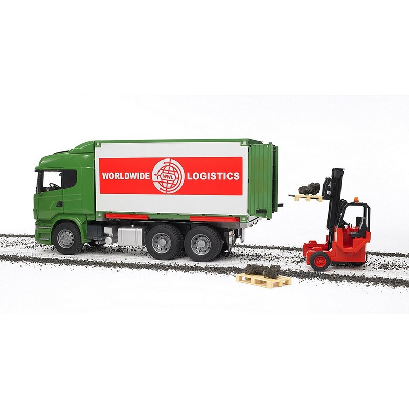 bruder® LKW mit Container-Wechselbrücke + Mitnahmestapler, »Scania R-Serie«