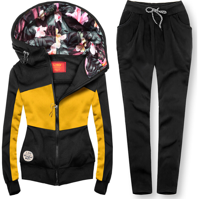 Trainingsanzug mit Kapuze und Blumenfutter gelb/schwarz