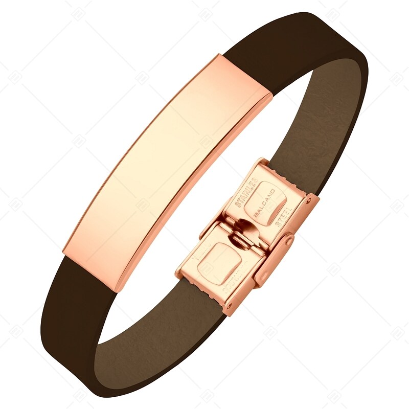 BALCANO - Dunkelbraunes Leder Armband mit gravierbarem rechteckigen Kopfstück aus 18K rosévergoldetem Edelstahl