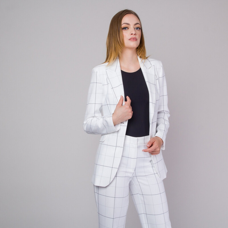Willsoor Anzugjacke für Frauen Langgröße weiße Farbe mit schwarzem Karomuster 14146