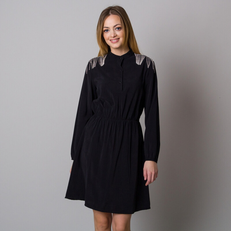 Willsoor Kurzes schwarzes Kleid mit Stehkragen und dekorativen Fransen