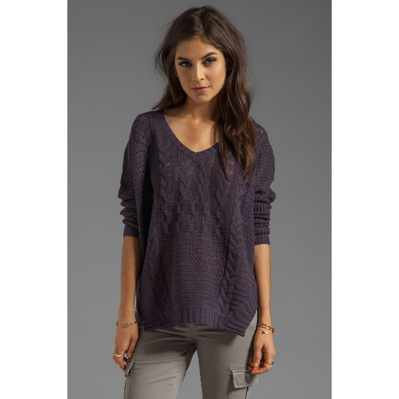 Velvet by Graham & Spencer Nadya Patchwork Cable Loose V-Neck Sweater in Purple