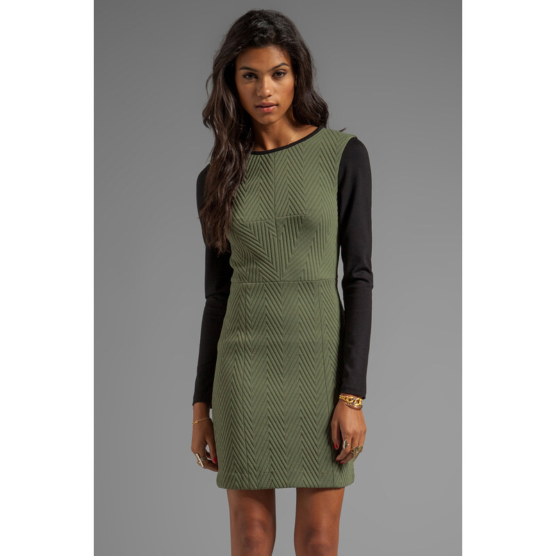 Tibi Quilted Zig Zag Fitted Dress in Olive