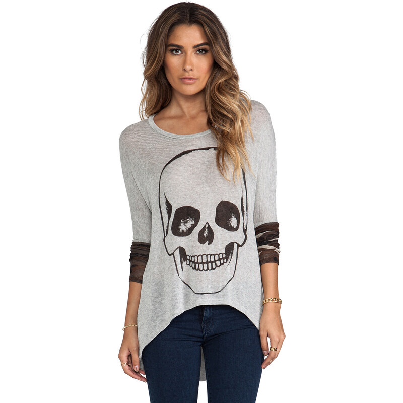 Lauren Moshi Deb Skull Face Contrast Cuff Asymmetrical Sweater in Gray
