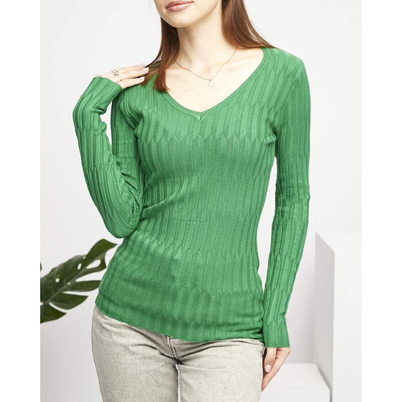 marka niezdefiniowana Grüner Damenpullover mit V-Ausschnitt - Kleidung - Dunkelgrüne || ziel