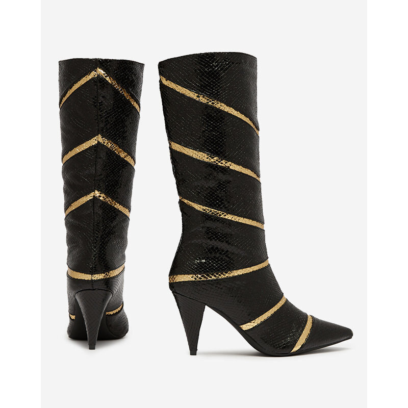 Seastar Schwarz-goldene Damenstiefel mit Stilettoabsatz und geprägten Streifen Felifea- Footwear - gold || schwarz