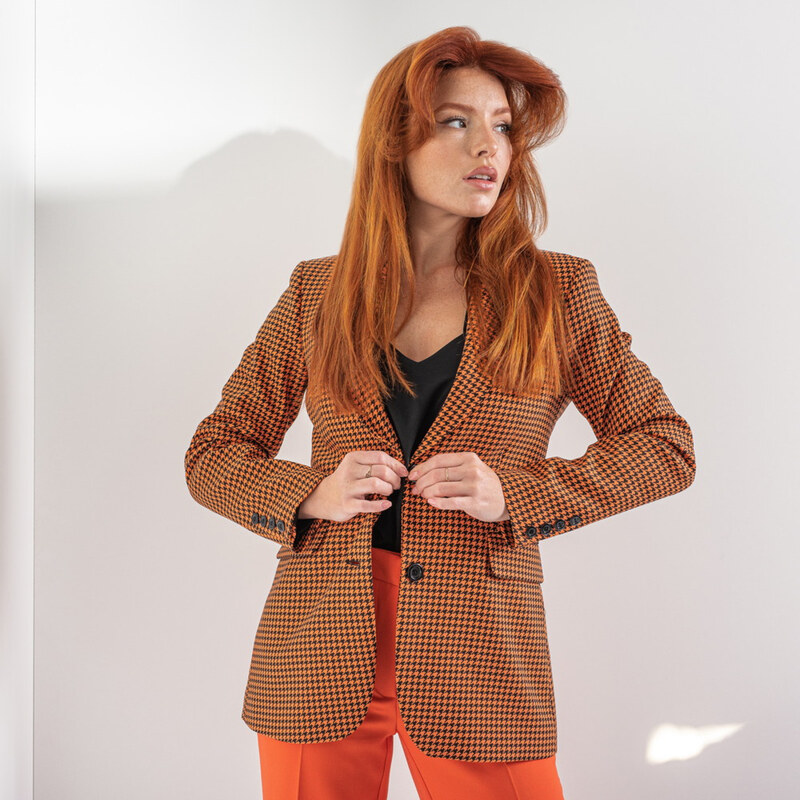 Willsoor Damen Anzugjacke in Orange, mit schwarzem Pepita Muster 14461