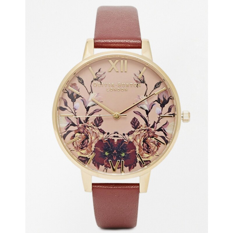 Olivia Burton - Uhr mit gespiegeltem Winterblumenmuster am Zifferblatt und Lederband - Braun