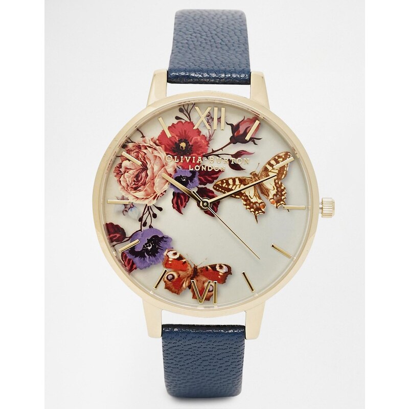 Olivia Burton - Uhr mit Lederband mit Winterblumen und übergroßem Zifferblatt - Marineblau
