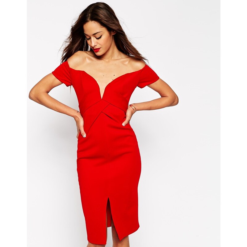 ASOS Folded Scuba Bardot Midi Dress - Red