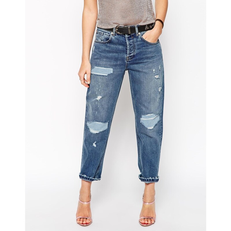 ASOS - Tief sitzende Boyfriend-Jeans mit geradem Beinschnitt, Rissen und Flicken - helle Stone-Washed-Optik
